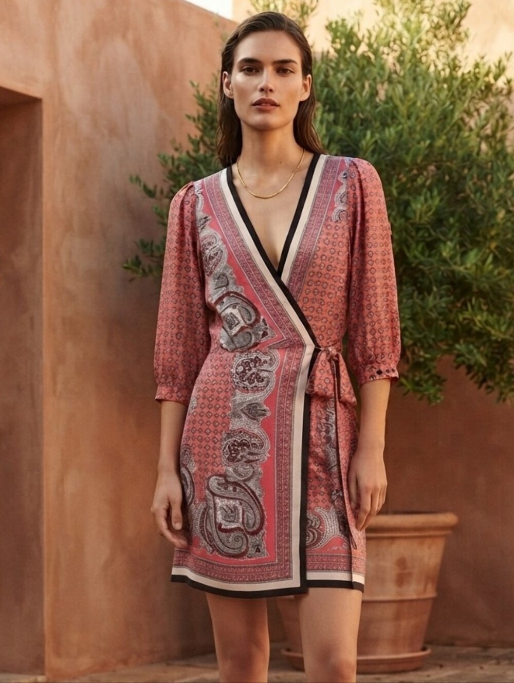 ZARA Paisley Print Mini Wrap satin Dress with Tie Waist pink medium